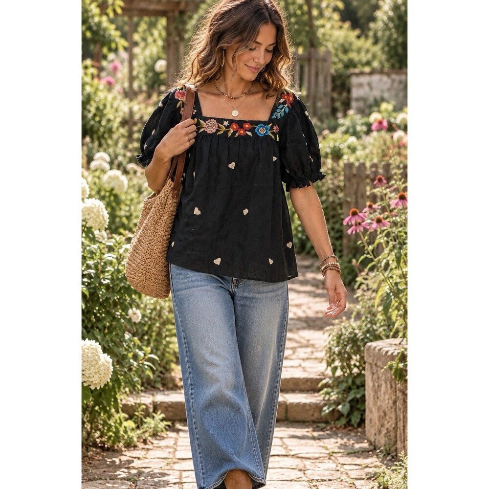 NWT Johnny Was Black Linen Peasant Boho Top Floral Embroidery Puff Sleeves Sz. M